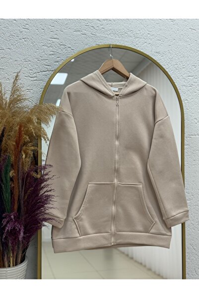 MİHRA STORE Celinda Three-Thread Zippered Hooded Cardigan-Zi̇3055 Stone
