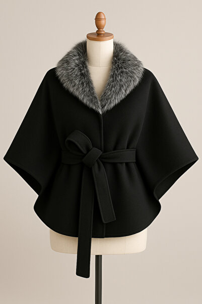 Ramior Women's Fur Collar Poncho with Cashmere Belt – Stylish Winter Model