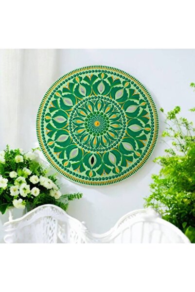 Ezera Tablou Mandala pictat manual in culori verzi cu galben ocru si oglinzi, 40 cm