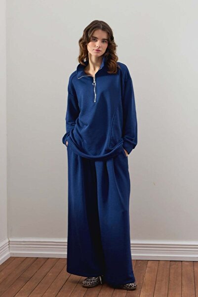 Ceylan Otantik Indigo 3 Thread Half Zipper Tracksuit Set