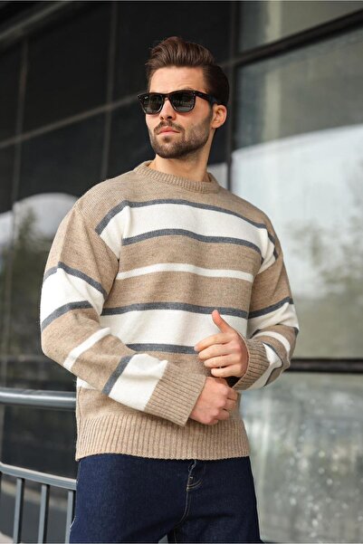 Madmext Mink Striped Crew Neck Knitwear Men's Sweater E7455