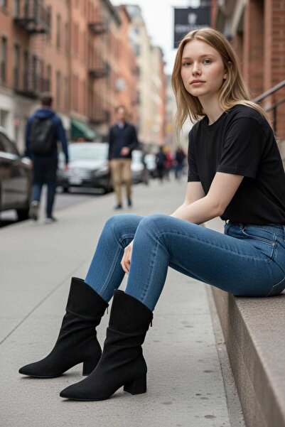 REYAN MODA kadın bot arka fermuarlı rahat ve şık siyah süet 005