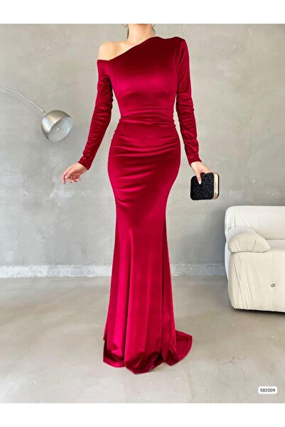 Modafeminen Off-The-Shoulder Maxi Length Velvet Fabric Evening Dress Red 582009