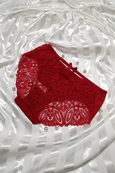 Papatya Kırmızı Dantelli Yüksek bel arka V Detaylı külot