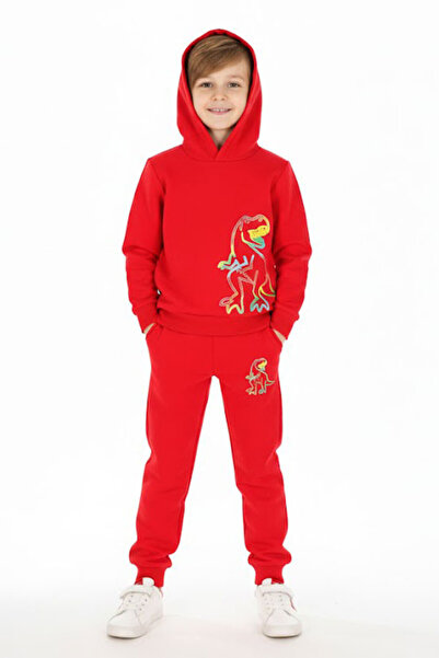 CRASSİ Boy's Tracksuit Set Dinosaur Printed Fleece-Lined Winter