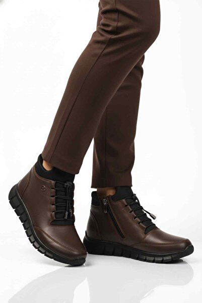 AYAKMOD Γυναικείες μπότες καφέ από γνήσιο δέρμα με φλις εσωτερικά, αντιολισθη...