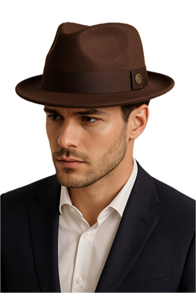 CosmoOutlet Men's Brown Felt Material, Classic Model with Stripes, Adjustable Fedora Hat from the Inside