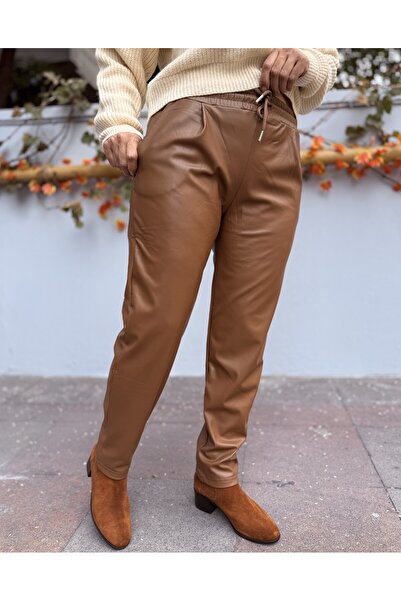 DenizEge Elastic Waist Lace-Up Faux Leather Pants