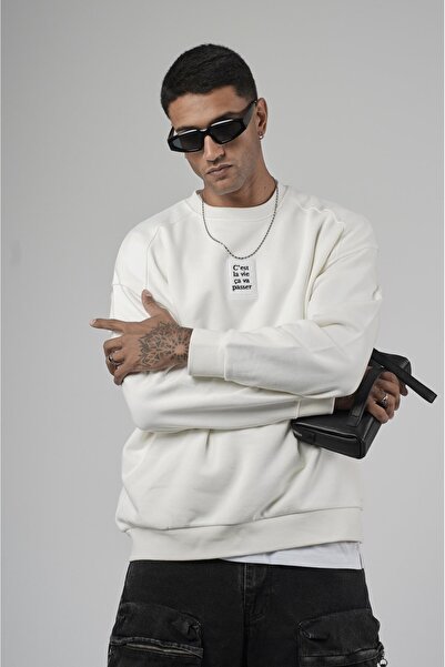 king brich Crew Neck Oversize Basic Men's Sweatshirt with Label Detail on the Front