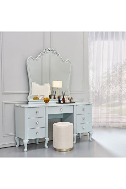 Danube Home Bluebell Light Blue Dressing Table with Mirror & Stool - 7 Drawer Engineered Wood Furniture