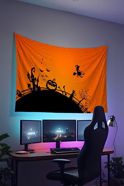 RUGRUMBA غطاء جداري للهالوين - بتصميم للاعبين، قماش عالي الجودة، سجادة جدارية