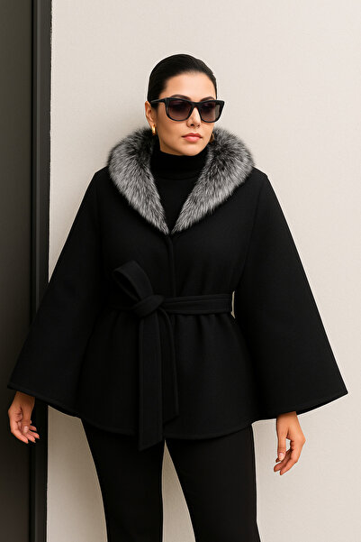 Ramior Women's Fur Collar Poncho with Cashmere Belt – Stylish Winter Model