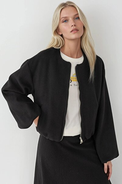 Hiccup Oversized Kaşe Bomber Jacket with Zipper