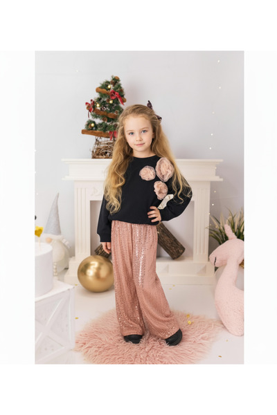 Çikoby Kız Çocuk Parlak Pullu Pantolon Tül Çiçek Detaylı Bluz İkili Takım