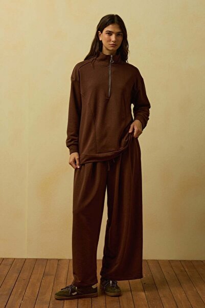 Ceylan Otantik Acı Kahve 3 Thread Half-Zip Tracksuit Set