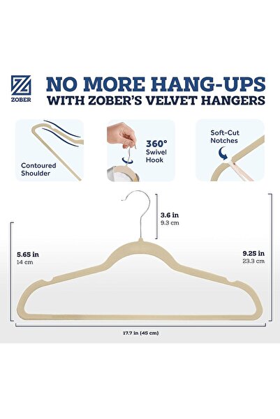ZOBER Velvet Hangers 45cm, Non-Slip, 360° Rotating Hook, Space-Saving (Beige, Pack of 20)