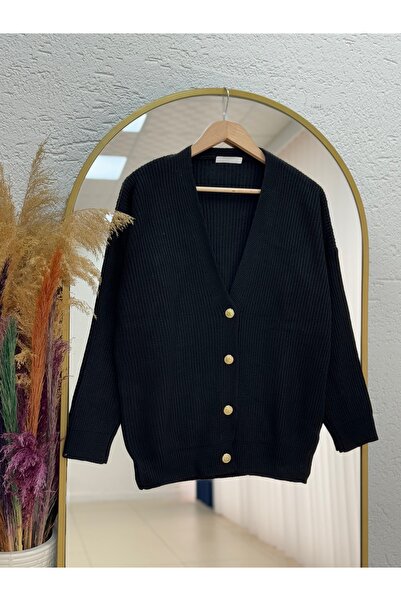 MİHRA STORE Fhina Corded Fabric 4 Gold Button Cardigan-Zi̇6202 Black