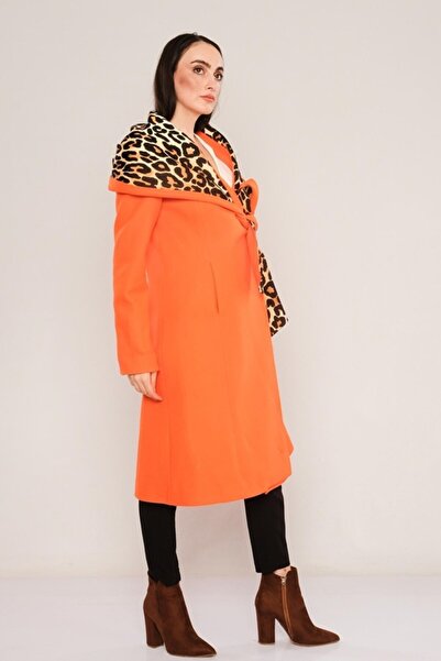 Lila Rose Leopar Astarlı Şık Kaşe Kaban