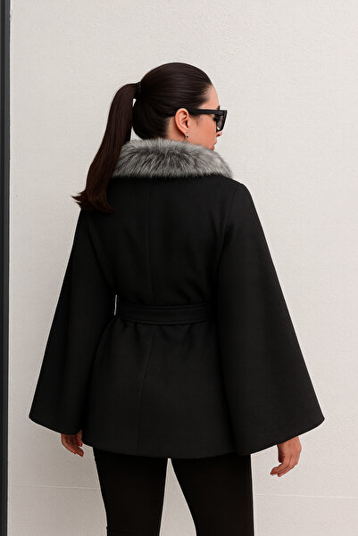 Ramior Women's Fur Collar Poncho with Cashmere Belt – Stylish Winter Model