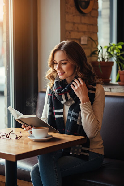 AQUABERRY Μαλακό καρό χειμωνιάτικο κασκόλ Premium - Μαύρο