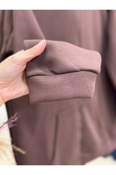 MİHRA STORE Celinda Three Thread Zippered Hooded Cardigan-Zi̇3055 Brown