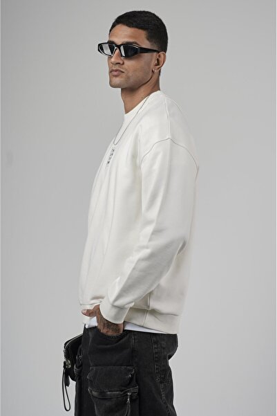 king brich Crew Neck Oversize Basic Men's Sweatshirt with Label Detail on the Front