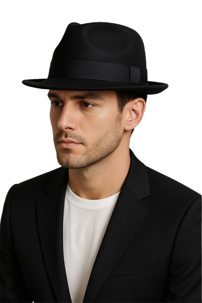 CosmoOutlet Ανδρικό υλικό από μαύρη τσόχα, κλασικό μοντέλο με ρίγες, ρυθμιζόμενο καπέλο Fedora από το εσωτερικό