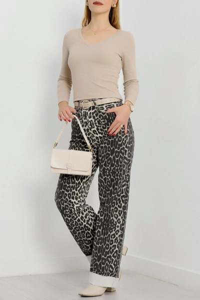 ZENGEZUR MALL Drnds V-Neck Ribbed Knit Blouse Beige A3699 (161945) (Size: L)