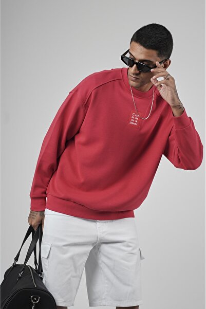 king brich Crew Neck Oversize Basic Men's Sweatshirt with Label Detail on the Front