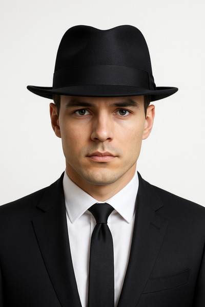 CosmoOutlet Ανδρικό υλικό από μαύρη τσόχα, κλασικό μοντέλο με ρίγες, ρυθμιζόμενο καπέλο Fedora από το εσωτερικό