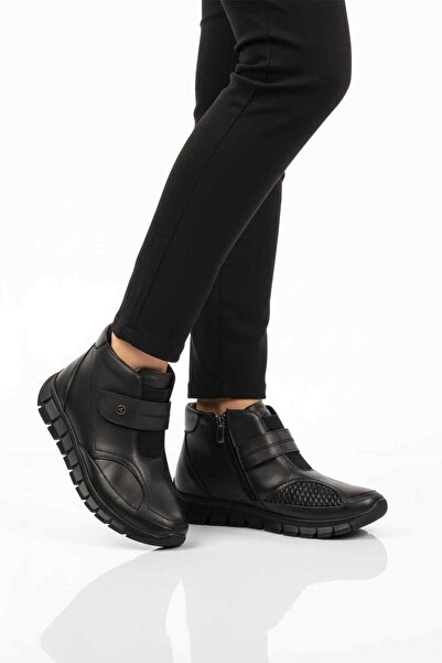 AYAKMOD Black Genuine Leather Inside Fleece Velcro Zipper Non-Slip Women's Boots 3609 Z