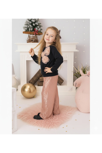 Çikoby Kız Çocuk Parlak Pullu Pantolon Tül Çiçek Detaylı Bluz İkili Takım