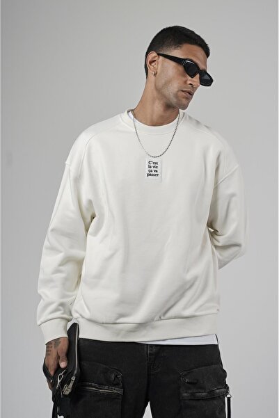 king brich Crew Neck Oversize Basic Men's Sweatshirt with Label Detail on the Front