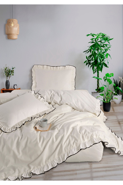 Monolisse Candy Frilly Piped 100% Cotton Akfil Duvet Cover Set Single Ecru Black 200X220Cm