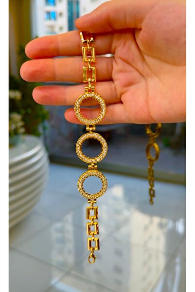 Parılda Premium Altın Kaplama Üçlü Kristal Taşlı Model - Kareli Çeyrekli Bile...