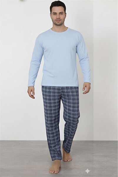 PEMBİŞ HOMEWEAR MAVI ALT EKOSE UST DUZ Erkek Uzun Kol Pijama Takımı