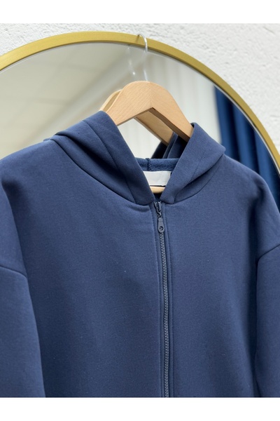 MİHRA STORE Celinda Three Thread Zippered Hooded Cardigan-Zi̇3055 Navy Blue
