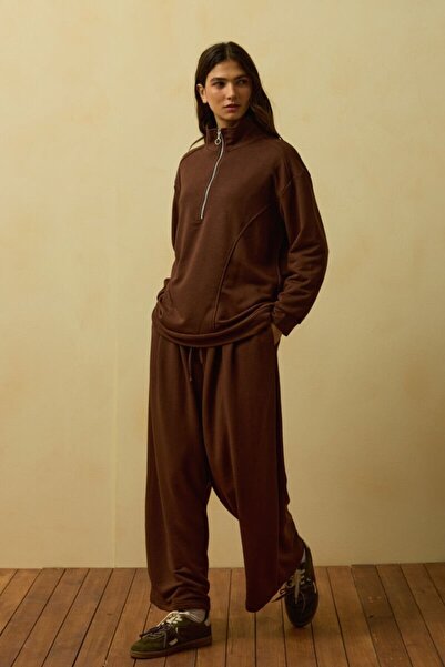 Ceylan Otantik Acı Kahve 3 Thread Half-Zip Tracksuit Set