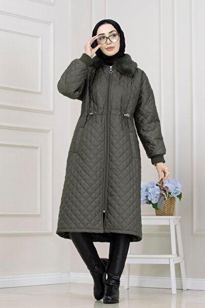 Sevitli Capitone Coat with Fur Collar-Khaki