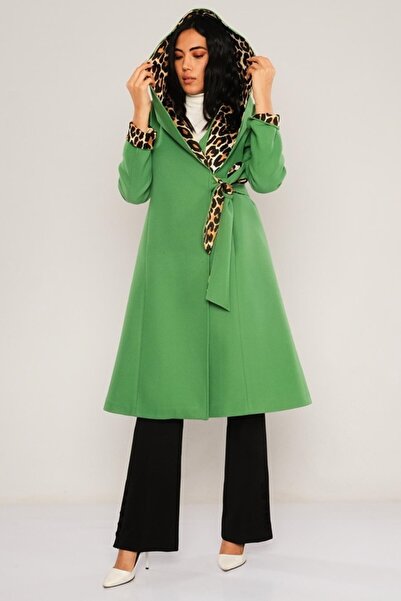 Lila Rose Leopar Astarlı Şık Kaşe Kaban