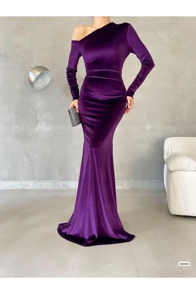 Modafeminen Off-the-shoulder maxi velvet evening dress purple 582009