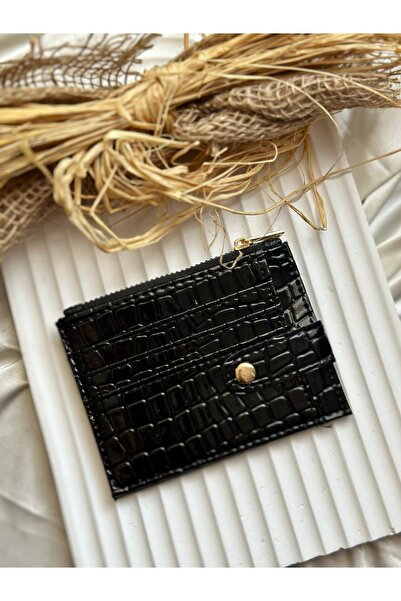 DEMİR ACCESORİES حافظة بطاقات نسائية سوداء من الجلد الصناعي مع مشبك وسحاب