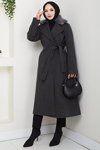 Pamuk Butik Women's Fur Detailed Double-Breasted Collar Belted Cashmere Coat