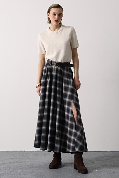 VAGGON Women's Brown Plaid Belted High Waist Slit Detailed Maxi Skirt Vs01645