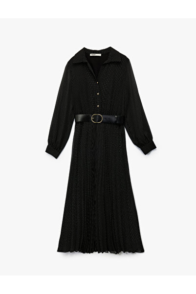 Koton Rochie cămașă cu mâneci lungi, cu pliuri, cu buline, cu detaliu de curea cu nasturi