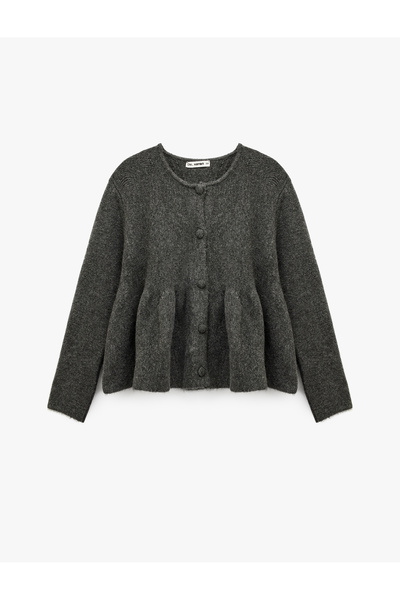 Koton Buttoned Long Sleeve Crew Neck Flounce Peplum Knitwear Cardigan