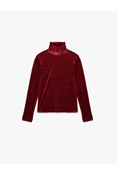 Koton Long Sleeve Turtleneck Leopard Print Velvet T-Shirt