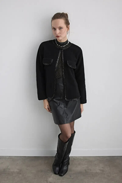 Gusto Beaded Wool Coat - Black