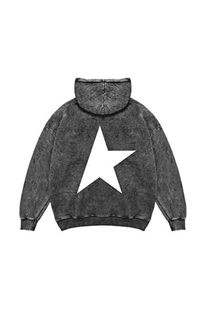 Bak Moda Hanorac negru lavabil unisex Half Star cu imprimeu supradimensionat