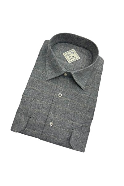 GÖMLEK GALERİSİ Classic Wide Cut Hidden Plaid Flannel Woven Double Pocket Lon...